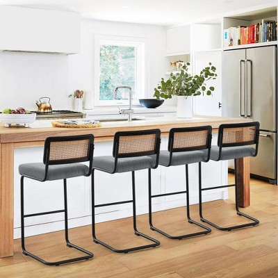 Bekrvio 26" Counter Height Bar Stools - Rattan, Velvet Upholstered with Cane Back & Metal Frame, Mid Century Modern Kitchen Stools for Counter Island