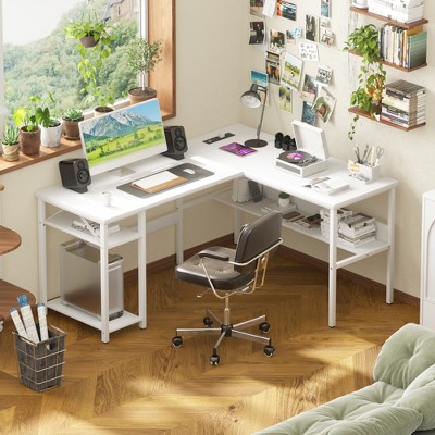 Aheaplus 47'' Reversible L Shaped Desk with Storage, Power Outlet, USB Ports