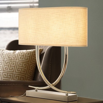 ALOADECOR 2-Light 24'' Modern Elegant Polished Nickel Minimalist Stainless Steel Table Lamp With Ivory Fabric Shade For Entryway Living Room Bedside