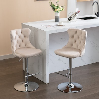 DOMETOUR 2 Pcs Swivel Velvet Barstool Adjusatble Seat Height from 25-33 Inch, Chrome Base Bar Stool for Home Pub and Kitchen Island