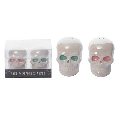 Transpac Dolomite 3 Inch Off White Halloween Iridescent Skull Salt and Pepper Shaker Set of 2 for Spooky Decor
