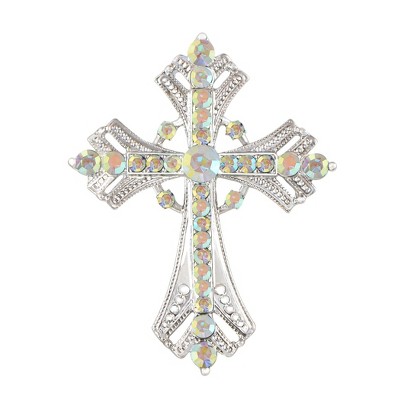 Anna-Kaci Silvery Tone Religious Cross Brooch Sparkling Aquamarine Blue or Victorian Clear Crystal Rhinestones