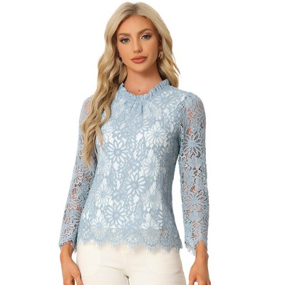 Allegra K Women's Lace Long Sleeve Keyhole Back Ruffle Neck Floral Blouse