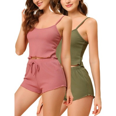 cheibear Women's Waffle Knit Spaghetti Strap Cami Tops Shorts Lounge Pajama Sets 2 Packs