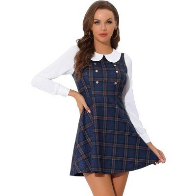 Allegra K Women's Plaid Peter Pan Collar Long Sleeve Mini A-Line Dress
