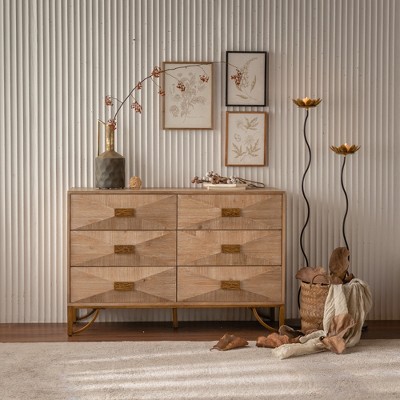 QingMoon Light Wood Dresser, Modern 6 Drawer Dresser & Chests of Drawers, TV Stand, Bedroom Living Room Furniture