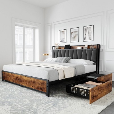 coucheta Bed Frame with Storage Linen Upholstered Headboard, 4 Drawers Charging Station