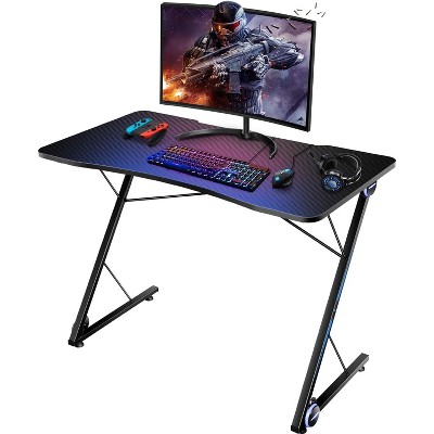 Tangkula Gaming Desk with LED 43.5-Inch Racing Style Computer Desk with Z-Shaped Metal Frame & Carbon Fiber Desktop Ergonomic