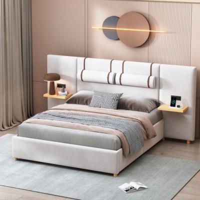 Queen Velvet Platform Bed with Bedside Pillows, Storage Shelves, and Dual Outlets with USB Ports