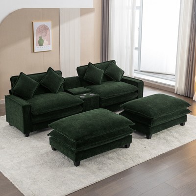 111" Chenille Upholstered Sectional Sofa with USB Ports, Cup Holders, Removable Ottomans & Storage Console
