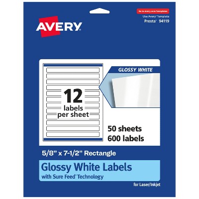 Avery Glossy White Rectangle Labels with Sure Feed, 5/8" x 7-1/2"