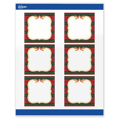 Avery Labels, 3" x 3", Gold-Red-Green Plaid, Glossy, 60ct