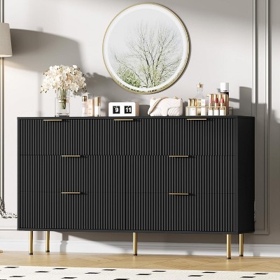 7-Drawer Fluted Wood Dresser with Gold Handles – Modern Chest of Drawers for Bedroom Storage, Closet Organizer, or Entryway Furniture