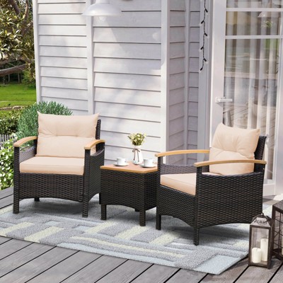 Costway Patiojoy 3PCS Patio Rattan Furniture Set Wooden Armrest Table Top Cushioned Deck Beige/Navy/Off White