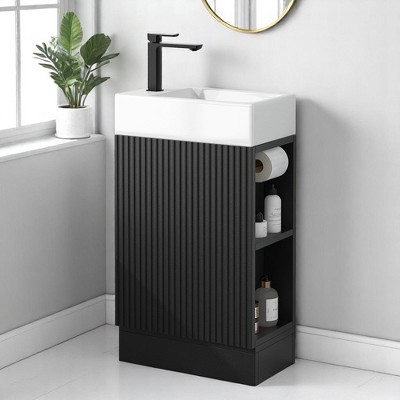 Mshliw 18.6" Bathroom Vanity with Ceramic Sink, Cabinet with Toilet Paper Holder & Two-Tier Shelf, Left or Right Orientation