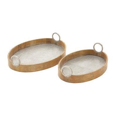 Set of 2 Oval Eclectic Metal and Wood Trays with Handles Brown - Olivia & May: Handmade, Indoor Use, Not Food Safe