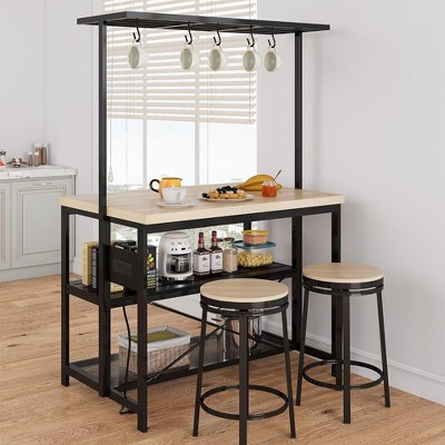 47" Large Kitchen Island Table Bakers Rack with Power Outlet and 3-Tier Storage-Microwave Stand Oven Shelf, Metal Coffee Bar Table