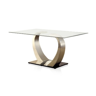 HOMES: Inside + Out Langton Glass Top Dining Table Silver/Black: Modern Pedestal Base, Seats 6, Satin Finish