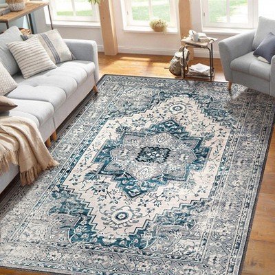 Rugs for Living Room 8x10 – Washable Anti-Slip Low Pile Vintage Floral Oriental Distressed Rug for Bedroom, Office, Dining, Nursery, Grey & Blue