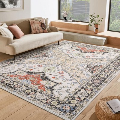 Boho Washable Rug Soft Oriental Printed Distressed Rug Vintage Floral Throw Carpet
