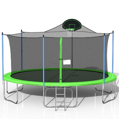 ELJGET 16 ft Trampoline for Adults/Kids with Basketball Hoop, Safety Enclosure Net & Ladder, Heavy Duty Outdoor Recreational Trampolines, Green