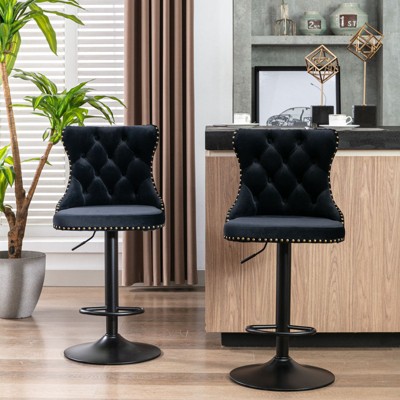 PAGED Bar Stools Set of 2 Height Adjustable Swivel Velvet Counter Stools with Button Tufted Back and Black Base for Bar, Kitchen