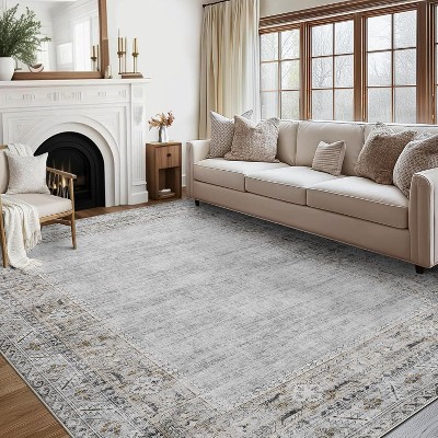 Boho Washable Vintage Rug - Non-Slip Stain Resistant Low Pile Living Room Bedroom Dining Carpet