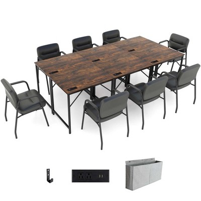 Costway 32" Meeting Room Desk Set of 2/4/6 with Charging Station & Headphone Hook Metal Frame Brown
