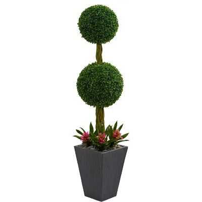 Nearly Natural 5-ft Double Boxwood Ball Topiary Artificial Tree in Slate Planter UV Resistant (Indoor/Outdoor)