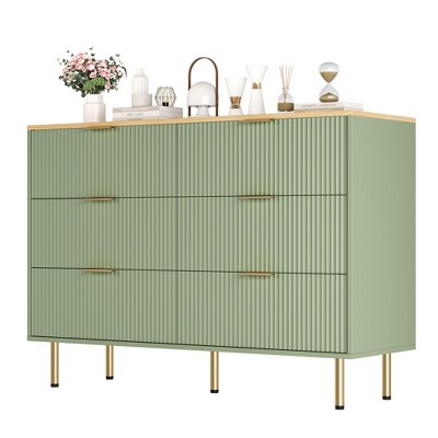 Fluted 6 Drawers Dresser for Bedroom, Modern Chest of Drawers, Tall Brown Dresser with Faux Marble Top and Gold Handle