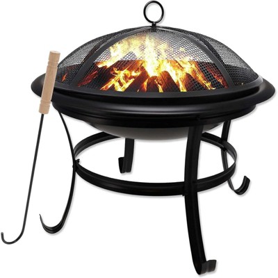 GasOne 22 in Outdoor Wood Burning Fire Pit with Mesh Lid and Fire Picker – Durable Alloy Steel for Backyard, Porch, Deck, Camping, BBQ