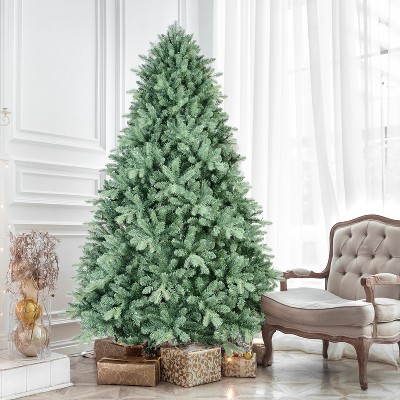 9FT Blue-Green Tint Christmas Tree with 4368 PE+PVC Tips,Unique Full-Bodied Tree with Hinged Branches, Easy Assembly,Eye-Catching Holiday Decor