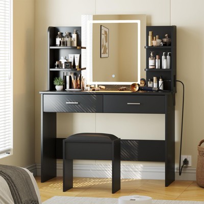 GustoWave Vanity Desk with Mirror and Lights, Makeup Vanity Set with Cushioned Stool, Power Outlet,6 Storage Shelves,2 Drawers