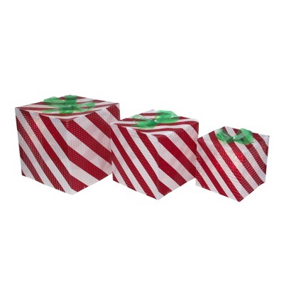 Northlight Lighted Candy Cane Striped Gift Box Outdoor Christmas Decoration - 12" - Red and White - Set of 3