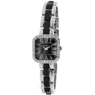 Peugeot Womens Crystal Accented Square Silver-Tone Acrylic Link Watch