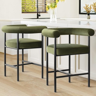 Set of 2 Velvet Bar Stools with Back and Arms, Modern Counter Height Chairs with Wide Seat and Metal Legs for Kitchen Island-Maison Boucle