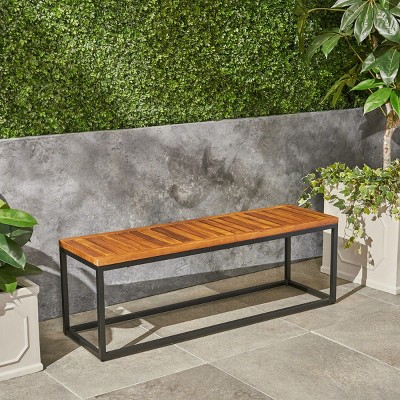 Coolbibila-Patio Benches With Iron Frame And Closed Legs, Garden Benches Constructed From Teak Wood, Modern Garden Bench Outdoor