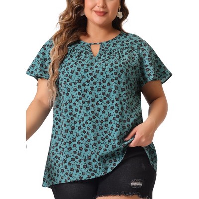Agnes Orinda Plus Size Womens Tops Keyhole Flutter Short Sleeve Chiffon Floral Pattern