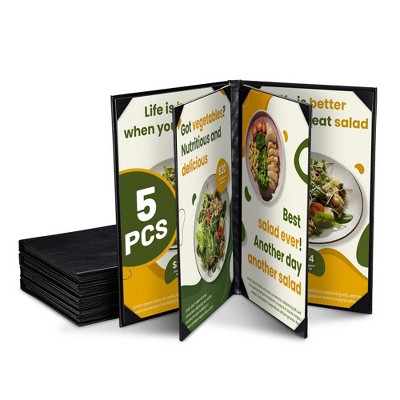 WeChef 5 Pack Menu Covers 8.5 x 14" 6 Views Faux Leather Cafe Restaurant Bars Black