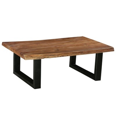 The Urban Port 45" Acacia Wood Rectangular Coffee Table Live Edge Details Black Powder Coated Metal Base Natural Brown