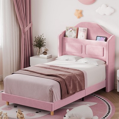 Whizmax Upholstered Velvet Twin Bed Frame with Wing Back Storage Headboard, Wood Slats Support, No Box Spring Needed, Easy Assembly, Pink