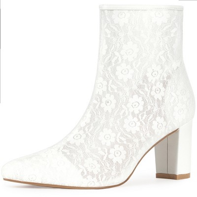 BLISSFUL STEP Pointed Toe Block Heels Floral Lace Ankle Boots for Women