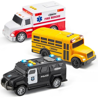 VROOMIX 3-Pack Emergency & School Vehicle Toy Set – Friction-Powered Police Car, Ambulance & School Bus,Educational Safe Gift for Kids Boys & Girls 3+
