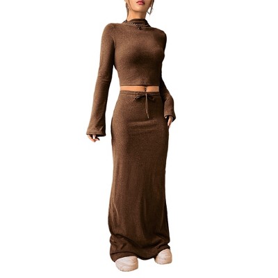 Women's 2 Piece Sets Fall Casual Long Sleeve Crop Tops Pencil Skirt Matching Outfit Fashion Clothing