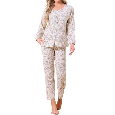 INSPIRE CHIC Women's Cotton Pajamas Long Sleeve Round Neck Button Down Floral Set with Pocket