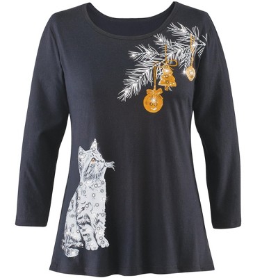 Collections Etc Kitten Eyeing Ornaments Sequin Detailed Top