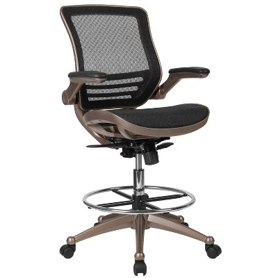 Emma and Oliver Mid-Back Transparent Mesh Drafting Chair with Flip-Up Arms