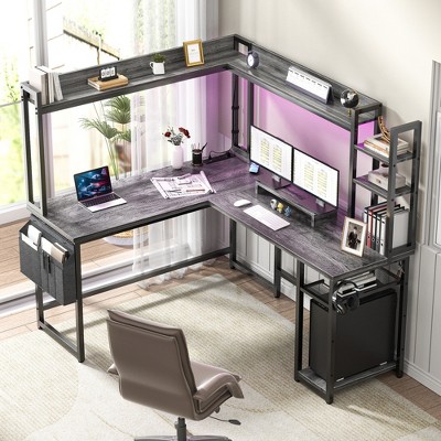 Aheaplus Reversible L-Shaped Computer Desk with Storage Shelf, Home Office Desk with Charging Station, Led Light
