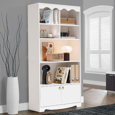 Homhougo 5 Tier Modern Bookcase with Doors, Brown Wood Bookcase Storage Organizer Shelf, 63 in Tall Display Storage Shelves, White