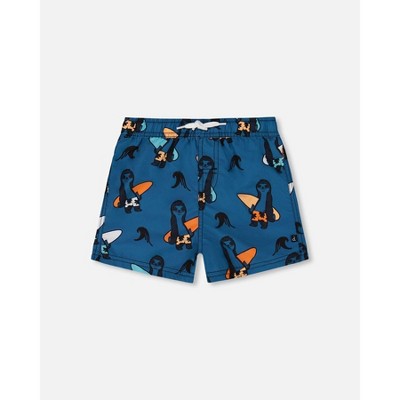 Deux par Deux Boy Printed Swim Trunks Orange Sloths on Navy Blue